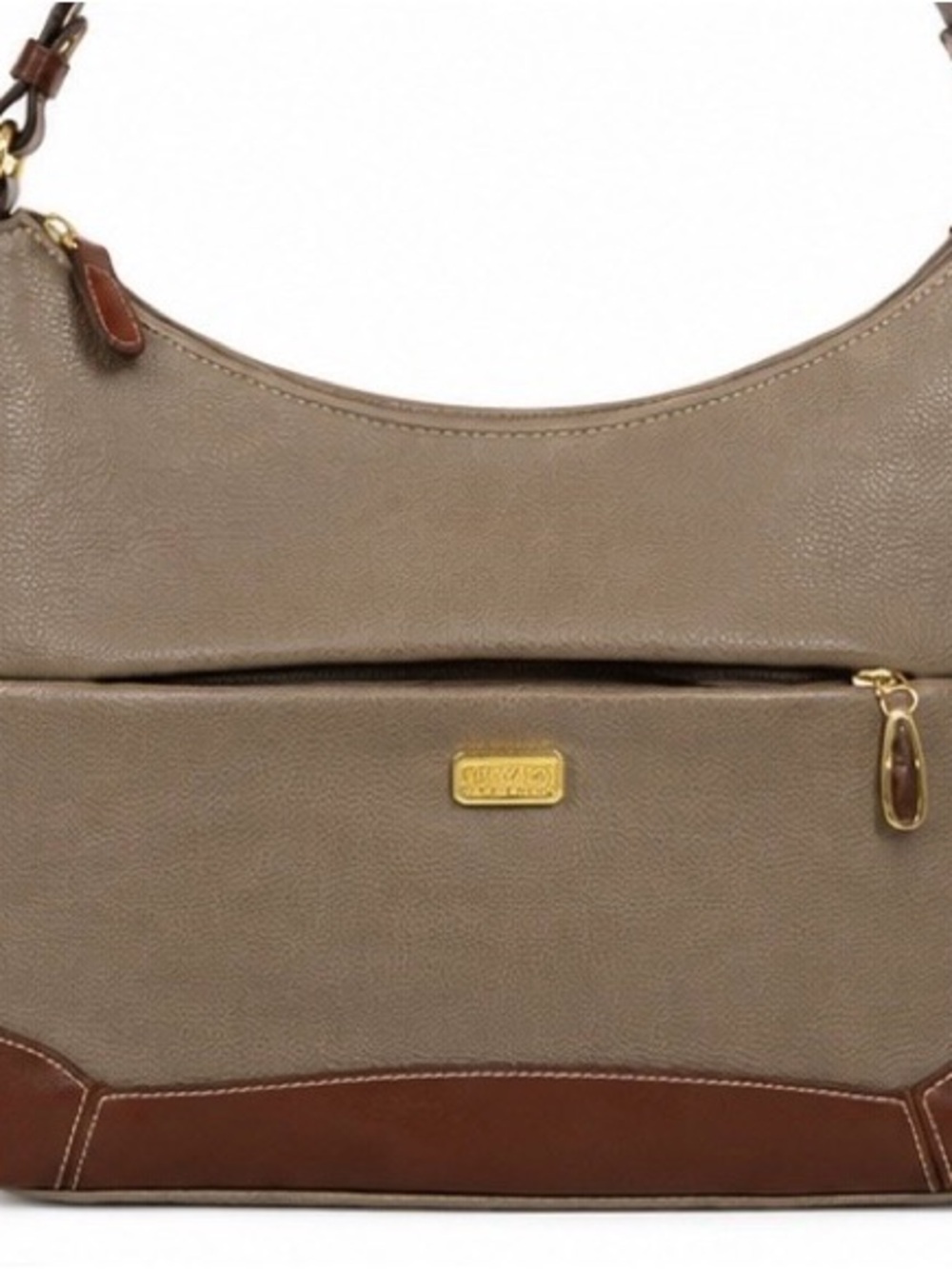 Taupe Shoulder Bag with Brown Trim and Gold Accents